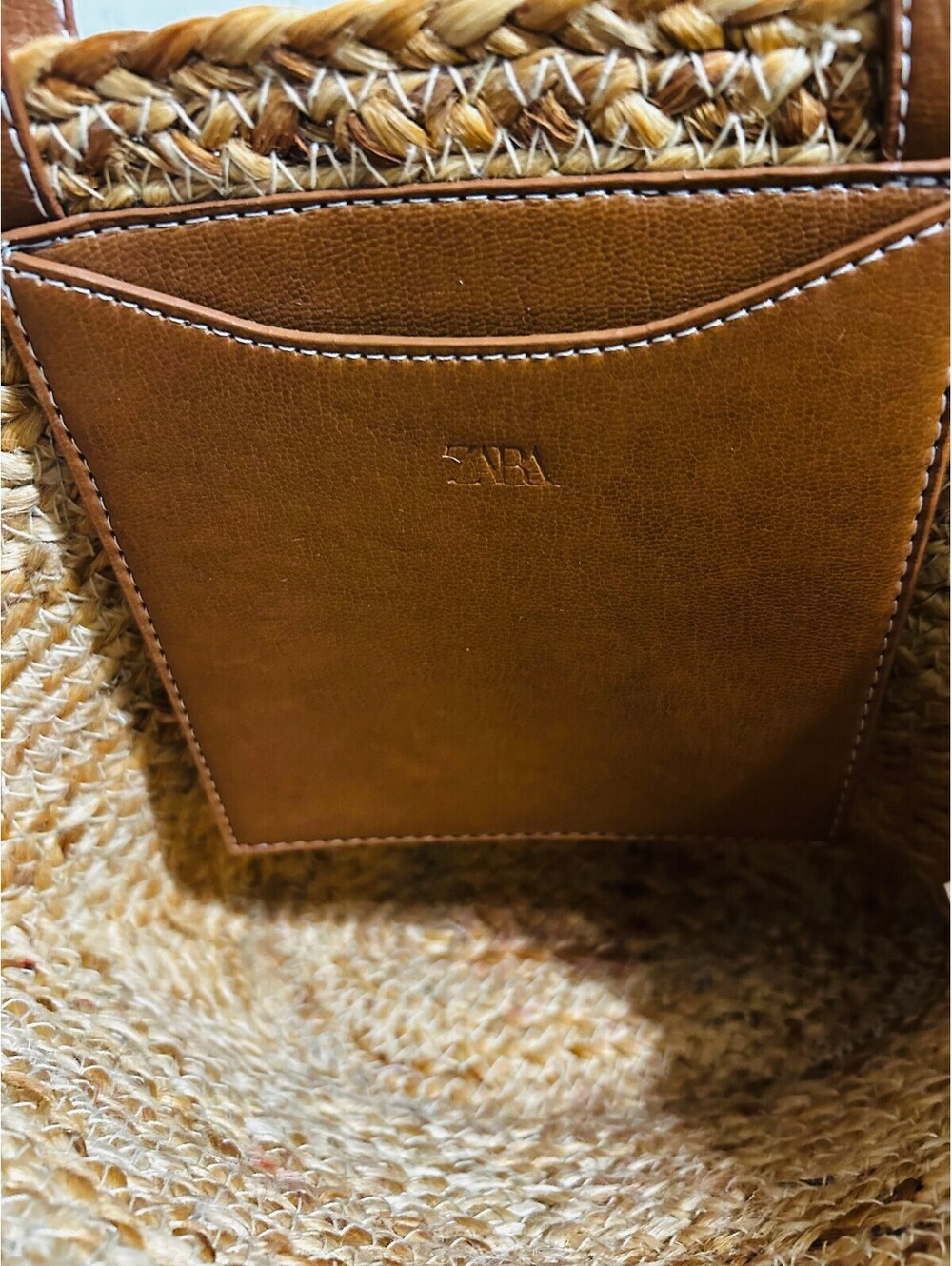 Zara Woven Straw Basket Tote Bag Brown Leather Strap Summer Raffia Shoulder NWOT - Picture 5 of 7